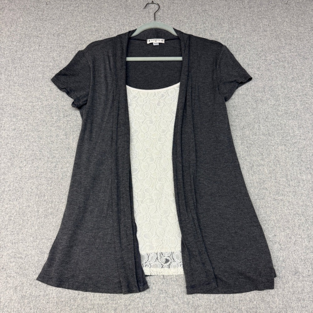 Agenda Layered Cardigan Top Size Medium Gray White Lace Front Short Sleeve M7352